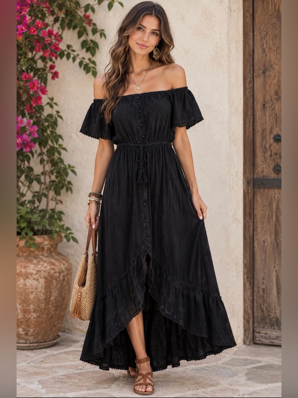 INC Black Off-Shoulder Peasant Dress with Ruffle High-Low Hem